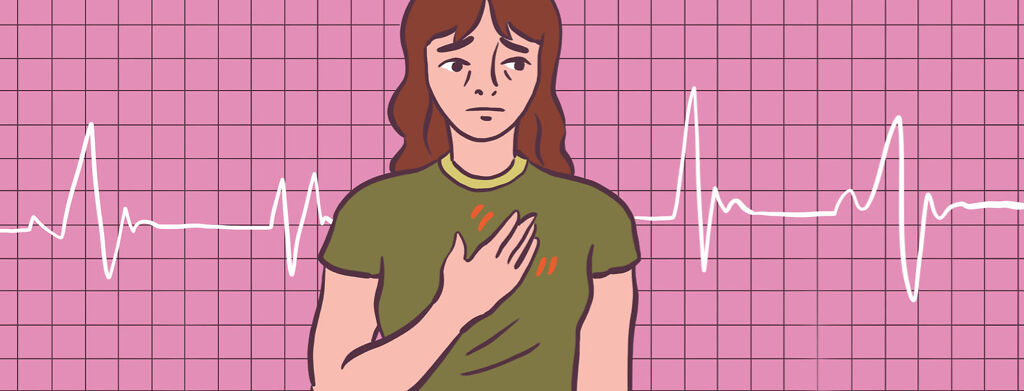 A woman holding her chest looking nervous with a cardiogram line behind her