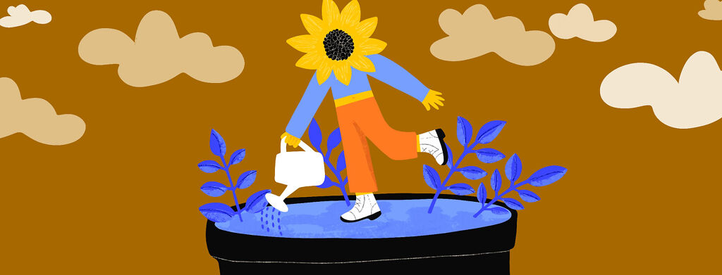 A person with a sunflower head stands in a pot and waters the soil that it's standing on from a watering can.