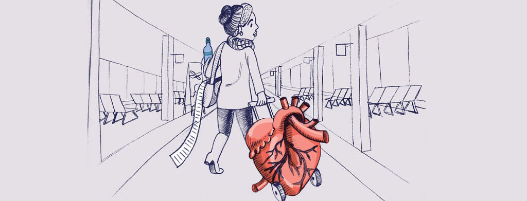 a woman drags a giant anatomical heart on wheels through an airport. She carries a water bottle and an enormous list is falling out of her purse.