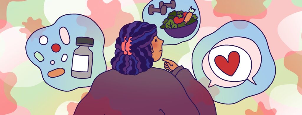 A woman looks up at floating bubbles representing medication, diet and exercise, and mental health support.