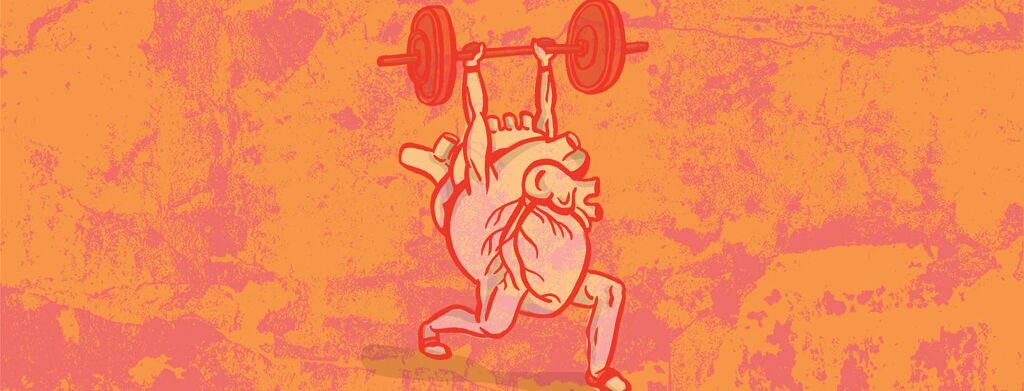 an anatomical heart lifts a heavy barbell over its head with strong arms and legs weight lifting