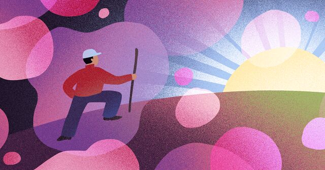 Surrounded by bubbles, a man climbs a hill towards a sunrise as the bubbles dissipate around him.