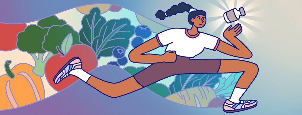 A woman in exercise clothing runs holding a vial of medication as images of healthy food float behind her.